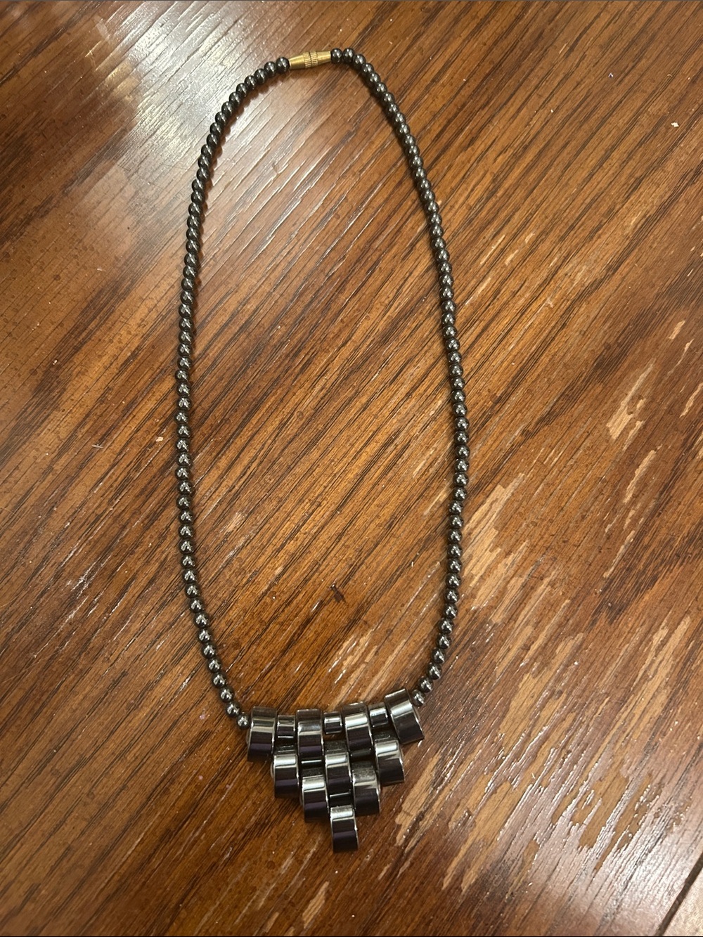 Vintage Gunmetal Beaded Necklace with Geometric Pendant